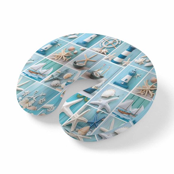 Neck Pillow Nautical Lighthouse Rudder Starfish Travel Pillow Memory Foam U Shaped Pillows, Marine Life Shell Blue Wood Travel Neck Pillows for Airplane Car Office Home Sleeping Rest