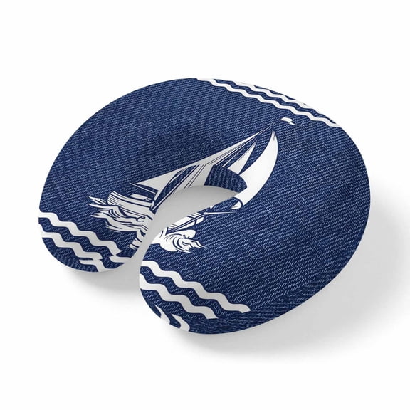 Neck Pillow Nautical Sailing Boat on Steel Blue Travel Pillow Memory Foam U Shaped Pillows, Vintage Water Waves Travel Neck Pillows for Airplane Car Office Home Sleeping Rest