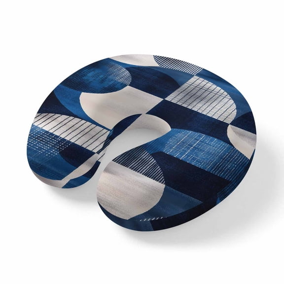 Neck Pillow Navy Blue Color Blocks Travel Pillow Memory Foam U Shaped Pillows, Abstract Geometric Retro Travel Neck Pillows for Airplane Car Office Home Sleeping Rest