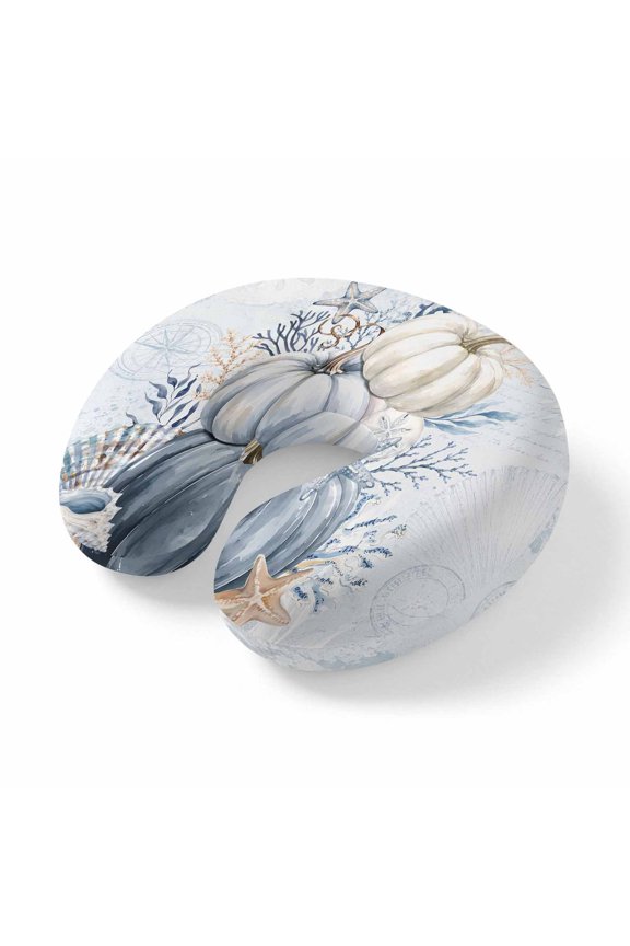 Neck Pillow, Navy Blue Pumpkins Fall Memory Foam U-Shaped Travel Pillow for Airplane Car Train, Portable Soft Head Neck Support for Sleeping & Reclining Thanksgiving Coastal Nautical Pumpkin