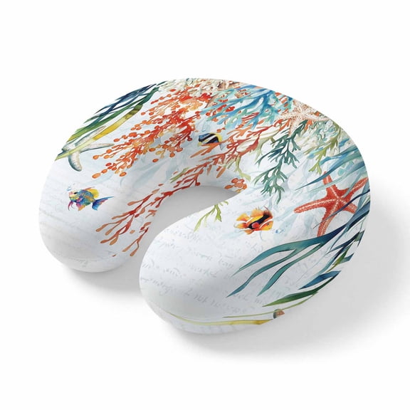 Neck Pillow Ocean Coral Fish Starfish Travel Pillow Memory Foam U Shaped Pillows, Blue Sea Underwater World Travel Neck Pillows for Airplane Car Office Home Sleeping Rest