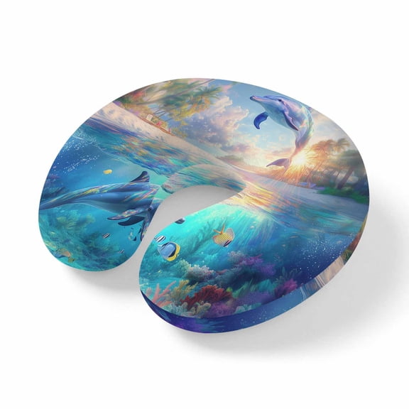 Neck Pillow Ocean Dolphin Beach Coconut Tree Travel Pillow Memory Foam U Shaped Pillows, Coral Ocean World Travel Neck Pillows for Airplane Car Office Home Sleeping Rest