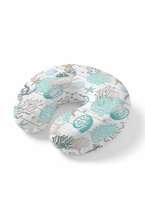 Neck Pillow Ocean Marine Coral Turtle on Wooden Travel Pillow Memory Foam U Shaped Pillows, Gran Teal Green Travel Neck Pillows for Airplane Car Office Home Sleeping Rest