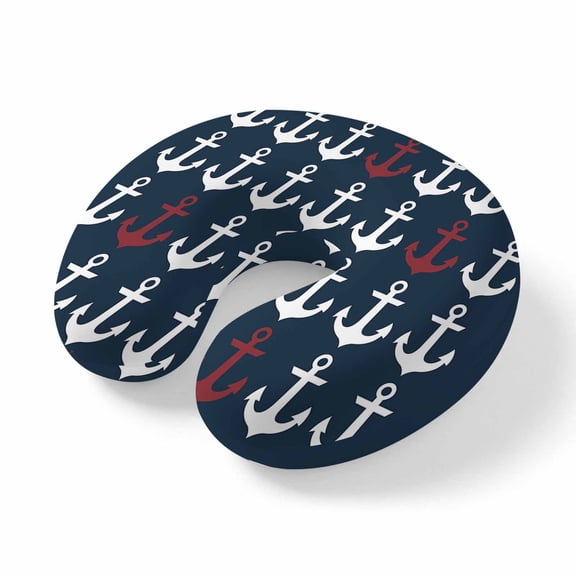 Neck Pillow Ocean Nautical White and Red Ship's Anchor Travel Pillow Memory Foam U Shaped Pillows, Dark Blue Travel Neck Pillows for Airplane Car Office Home Sleeping Rest