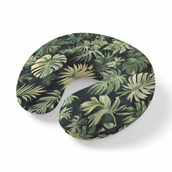 Neck Pillow, Palm Tree Leaves Memory Foam U-Shaped Travel Pillow for Airplane Car Train Office Nap, Portable Soft Head Neck Support for Sleeping & Reclining Summer Tropical Green Botanical