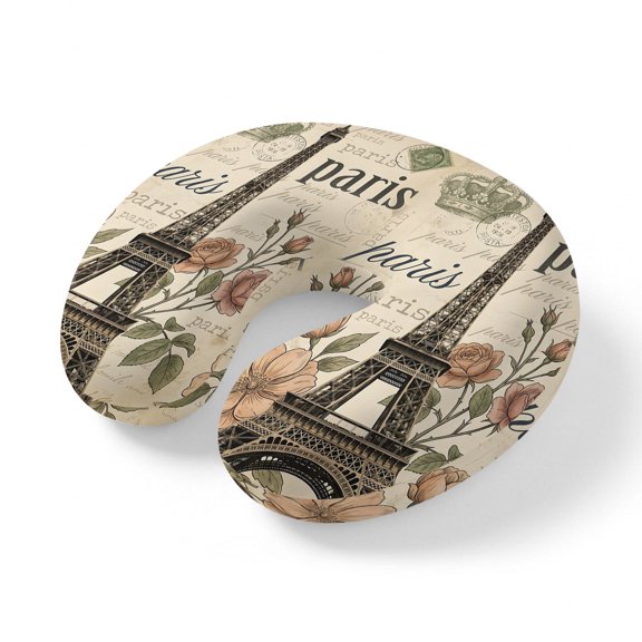 Neck Pillow, Paris Architecture Memory Foam U-Shaped Travel Pillow for Airplane Car Train Office Nap, Portable Soft Head Neck Support for Sleeping & Reclining Vintage Eiffel Tower Romantic Floral