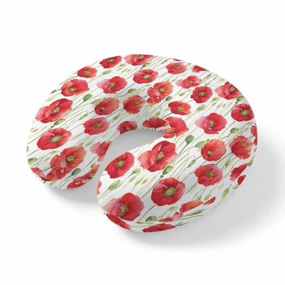 Neck Pillow Pastoral Poppy Floral Field Travel Pillow Memory Foam U Shaped Pillows, Watercolor Red Flower Plant Travel Neck Pillows for Airplane Car Office Home Sleeping Rest