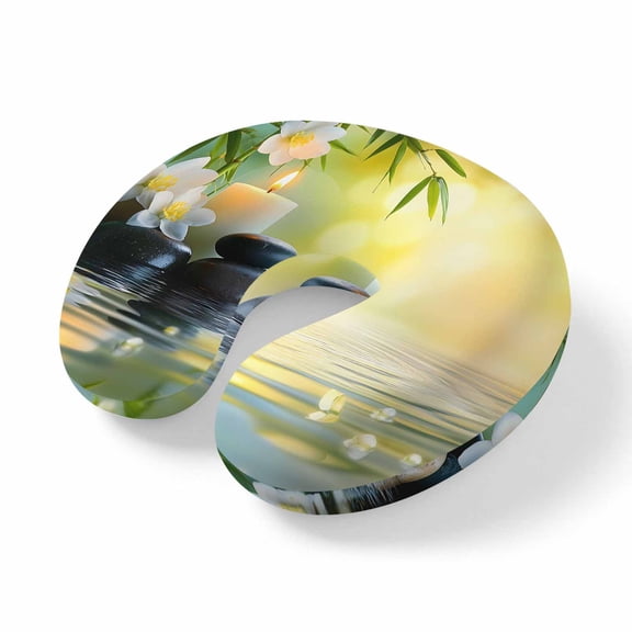 Neck Pillow Plumeria Flower Stones Lake Zen Meditation Travel Pillow Memory Foam U Shaped Pillows, Still Life Travel Neck Pillows for Airplane Car Office Home Sleeping Rest