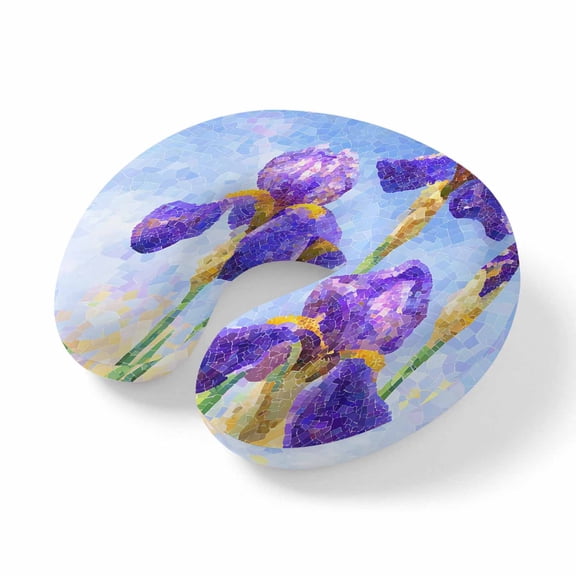 Neck Pillow Purple Iris Flowers Travel Pillow Memory Foam U Shaped Pillows, Impressionist Oil Brushstrokes Floral Travel Neck Pillows for Airplane Car Office Home Sleeping Rest