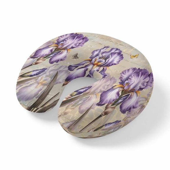 Neck Pillow, Purple Iris Memory Foam U-Shaped Travel Pillow for Airplane Car Train Office Nap, Portable Soft Head Neck Support for Sleeping & Reclining Spring Vintage Flowers Butterfly Leaves Khaki
