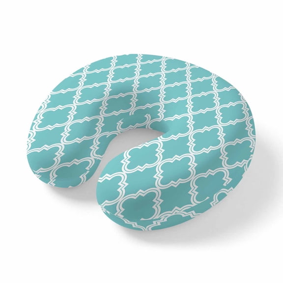 Neck Pillow, Quatrefoil Moroccan Pattern Memory Foam U-Shaped Travel Pillow for Airplane Car Train Office Nap, Portable Soft Head Neck Support for Sleeping & Reclining Geometric Aqua Morocco