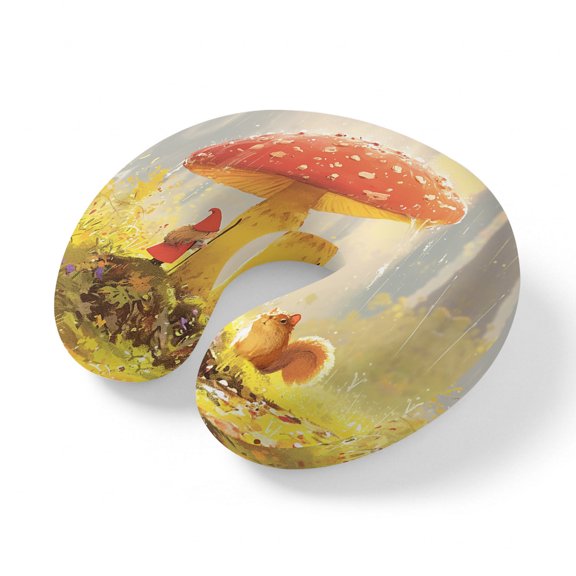 Neck Pillow Red Mushroom Cute Gnome Squirrel Travel Pillow Memory Foam U Shaped Pillows, Autumn Watercolor Oil Painting Style Travel Neck Pillows for Airplane Car Office Home Sleeping Rest