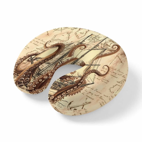 Neck Pillow Retro Coastal Ocean Octopus Travel Pillow Memory Foam U Shaped Pillows, Nautical Sailing Boat on Map Travel Neck Pillows for Airplane Car Office Home Sleeping Rest