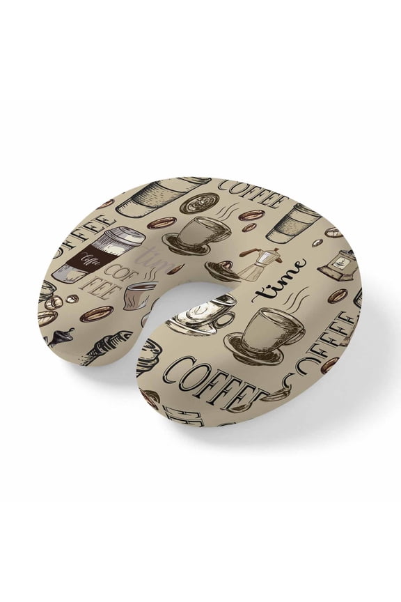 Neck Pillow Retro Sketch Coffee Set Bean with Quote Travel Pillow Memory Foam U Shaped Pillows, Aromatic Drink on Khaki Travel Neck Pillows for Airplane Car Office Home Sleeping Rest