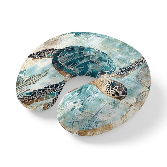 Neck Pillow Retro Summer Sea Turtle Travel Pillow Memory Foam U Shaped Pillows, Retro Nautical Map Background Travel Neck Pillows for Airplane Car Office Home Sleeping Rest