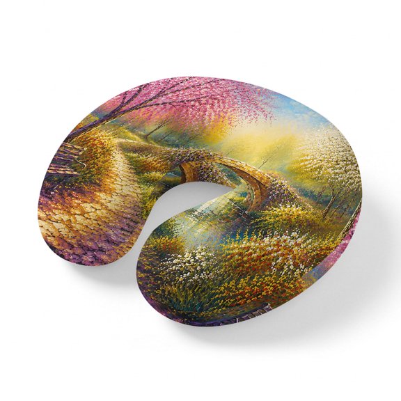 Neck Pillow, Rustic Path Memory Foam U-Shaped Travel Pillow for Airplane Car Train Office Nap, Portable Soft Head Neck Support for Sleeping & Reclining Vintage Purple Tree Park Stone Bridge Bench