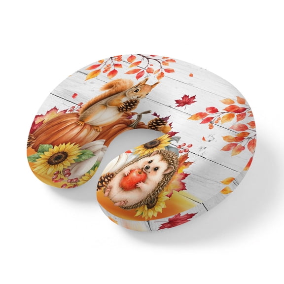Neck Pillow Rustic Squirrel Hedgehog Wood Plank Travel Pillow Memory Foam U Shaped Pillows, Thanksgiving Pumpkin Leaf Travel Neck Pillows for Airplane Car Office Home Sleeping Rest