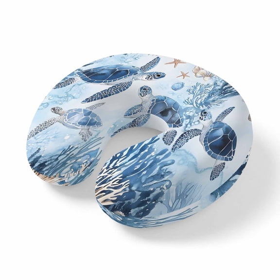 Neck Pillow Sea Turtle Blue Coral Travel Pillow Memory Foam U Shaped Pillows, Ocean Starfish Conch Underwater World Travel Neck Pillows for Airplane Car Office Home Sleeping Rest