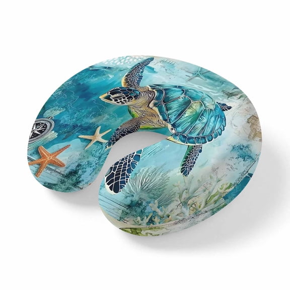 Neck Pillow Sea turtle Starfish Compass Travel Pillow Memory Foam U Shaped Pillows, Blue Ocean World Travel Neck Pillows for Airplane Car Office Home Sleeping Rest
