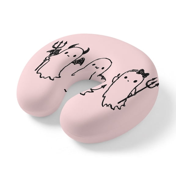 Neck Pillow Spooky Halloween Ghost on Pink Travel Pillow Memory Foam U Shaped Pillows, Cute Black Sketch Travel Neck Pillows for Airplane Car Office Home Sleeping Rest