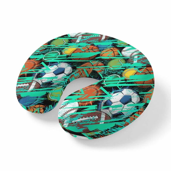 Neck Pillow, Sports Theme Memory Foam U-Shaped Travel Pillow for Airplane Car Train Office Nap, Portable Soft Head Neck Support for Sleeping & Reclining Funny Abstract Football Rugby Basketball