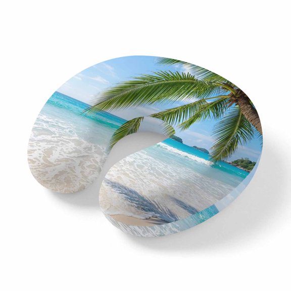 Neck Pillow Summer Beach Palm Tree Travel Pillow Memory Foam U Shaped Pillows, Gradient Blue Ocean Waves Travel Neck Pillows for Airplane Car Office Home Sleeping Rest
