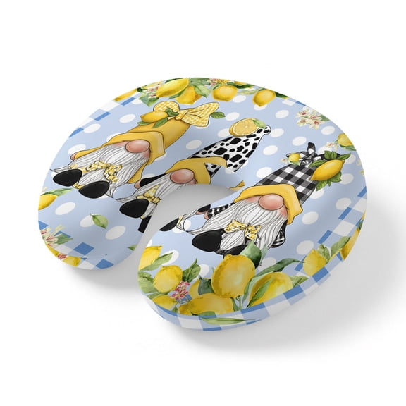 Neck Pillow Summer Gnome Lemon Flower Leaf Travel Pillow Memory Foam U Shaped Pillows, Blue Checkered Polka Dot Travel Neck Pillows for Airplane Car Office Home Sleeping Rest