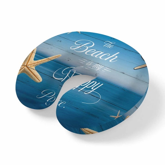 Neck Pillow Summer Marine Starfish Wood Grain Travel Pillow Memory Foam U Shaped Pillows, Beach Theme Happy Place Travel Neck Pillows for Airplane Car Office Home Sleeping Rest