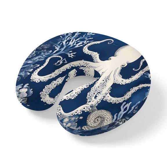 Neck Pillow Summer Ocean Octopus Coral Conch Travel Pillow Memory Foam U Shaped Pillows, Marine Theme Navy Blue Travel Neck Pillows for Airplane Car Office Home Sleeping Rest