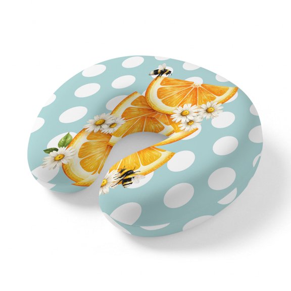 Neck Pillow Summer Orange Slices Daisy Flower Travel Pillow Memory Foam U Shaped Pillows, Pastoral Bee Polka Dot Travel Neck Pillows for Airplane Car Office Home Sleeping Rest