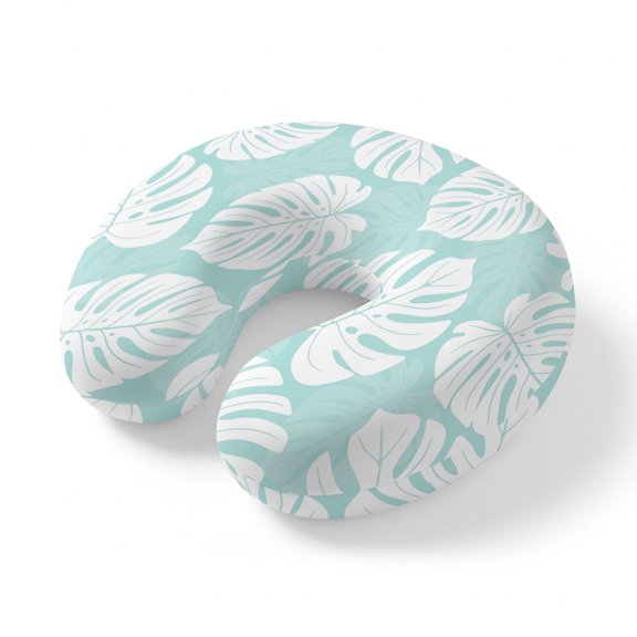 Neck Pillow, Summer Tropical Memory Foam U-Shaped Travel Pillow for Airplane Car Train Office Nap, Portable Soft Head Neck Support for Sleeping & Reclining Monstera Leaves Botanical Mint Green