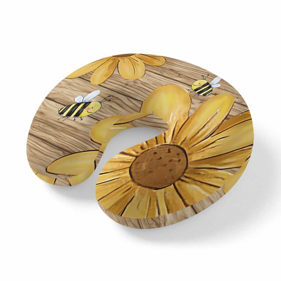 Neck Pillow Summer Yellow Bee Blossom Flower Travel Pillow Memory Foam U Shaped Pillows, Retro Rustic Brown Wood Board Travel Neck Pillows for Airplane Car Office Home Sleeping Rest