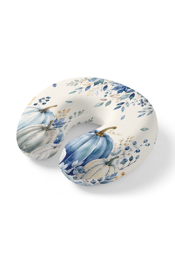 Neck Pillow, Teal Blue Pumpkins Fall Memory Foam U-Shaped Travel Pillow for Airplane Car Train Office Nap, Portable Soft Head Neck Support for Sleeping & Reclining Thanksgiving Weeping Floral