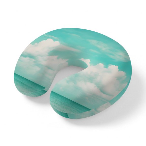 Neck Pillow Teal Blue Sky White Cloud Travel Pillow Memory Foam U Shaped Pillows, Ocean Wave Seaside Landscape Travel Neck Pillows for Airplane Car Office Home Sleeping Rest