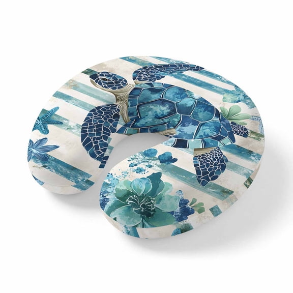 Neck Pillow, Teal Blue Turtle Coastal Memory Foam U-Shaped Travel Pillow for Airplane Car Train Office Nap, Portable Soft Head Neck Support for Sleeping & Reclining Vintage Stripe Botanical Beach