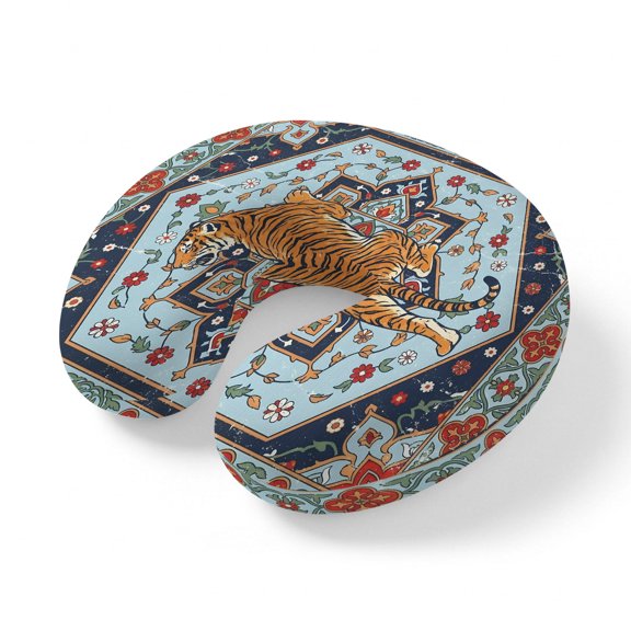Neck Pillow, Teal Boho Tiger Memory Foam U-Shaped Travel Pillow for Airplane Car Train Office Nap, Portable Soft Head Neck Support for Sleeping & Reclining Vintage Floral Botanical Traditional