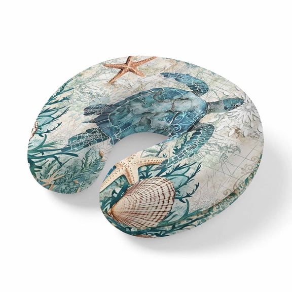 Neck Pillow, Teal Coastal Turtle Memory Foam U-Shaped Travel Pillow for Airplane Car Train Office Nap, Portable Soft Head Neck Support for Sleeping & Reclining Vintage Summer Beach Nautical Coral
