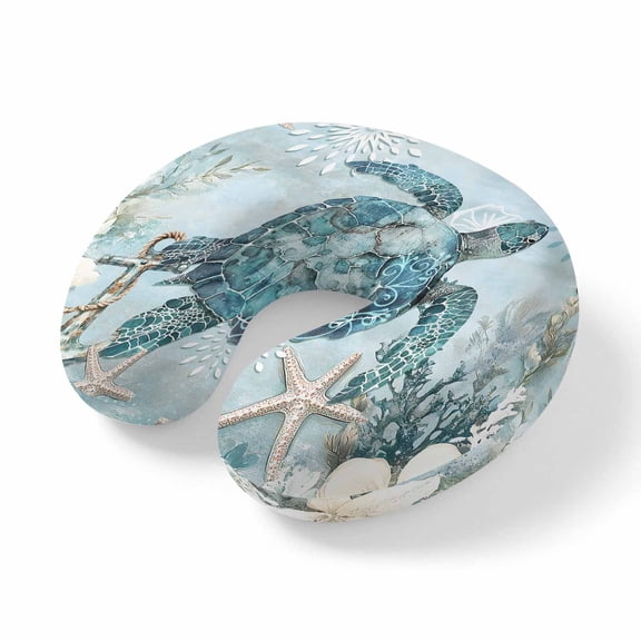 Neck Pillow, Teal Turtle Coastal Memory Foam U-Shaped Travel Pillow for Airplane Car Train Office Nap, Portable Soft Head Neck Support for Sleeping & Reclining Summer Beach Nautical Starfish
