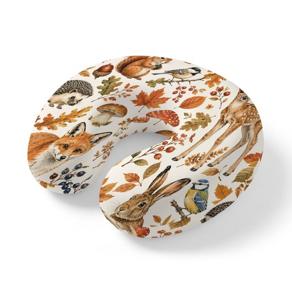 Neck Pillow Thanksgiving Fox Rabbit Deer Travel Pillow Memory Foam U Shaped Pillows, Fall Maple Leaves Squirrel Travel Neck Pillows for Airplane Car Office Home Sleeping Rest