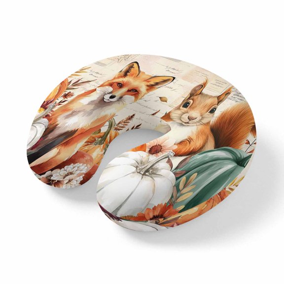 Neck Pillow Thanksgiving Pumpkin Fox Squirrel Travel Pillow Memory Foam U Shaped Pillows, Vintage Flower Travel Neck Pillows for Airplane Car Office Home Sleeping Rest