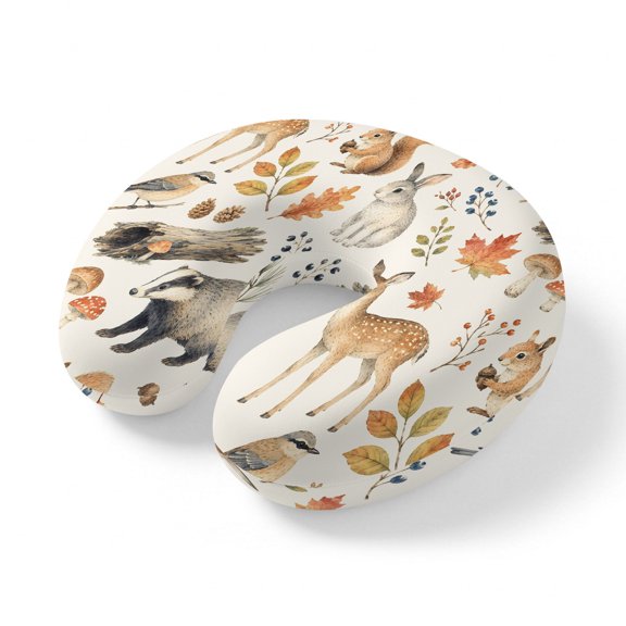 Neck Pillow Thanksgiving Rabbit Deer Squirrel Travel Pillow Memory Foam U Shaped Pillows, Fall Maple Leaves Travel Neck Pillows for Airplane Car Office Home Sleeping Rest