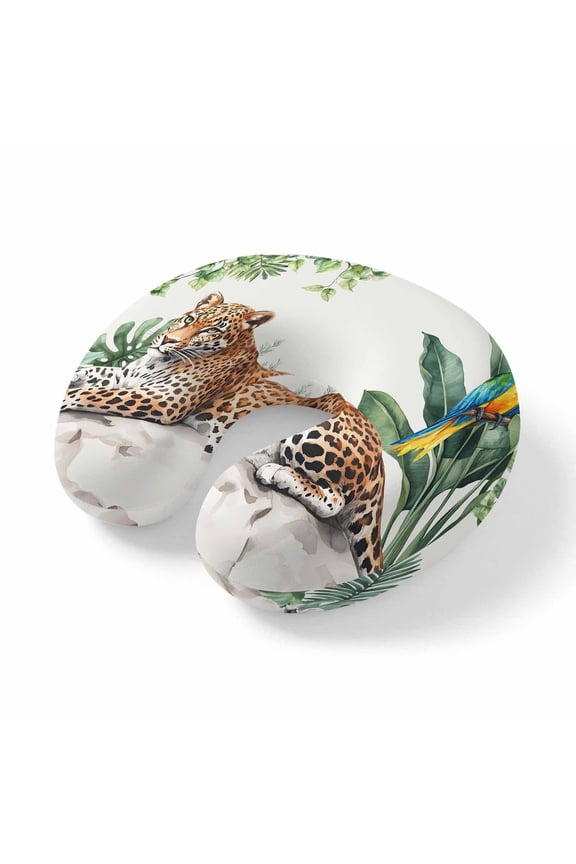 Neck Pillow Tiger Turtle Leaf Tropical Plant Travel Pillow Memory Foam U Shaped Pillows, Animal Leopard Print Travel Neck Pillows for Airplane Car Office Home Sleeping Rest