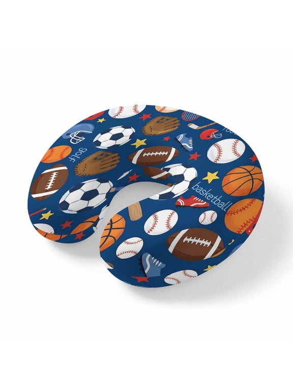 Neck Pillow for Travel,Basketball Baseball Football Memory Foam U Shaped Pillows,Portable Headrest Energetic Sports Theme on Blue Neck Head Support Cushion for Home Office Car Airplane Sleeping