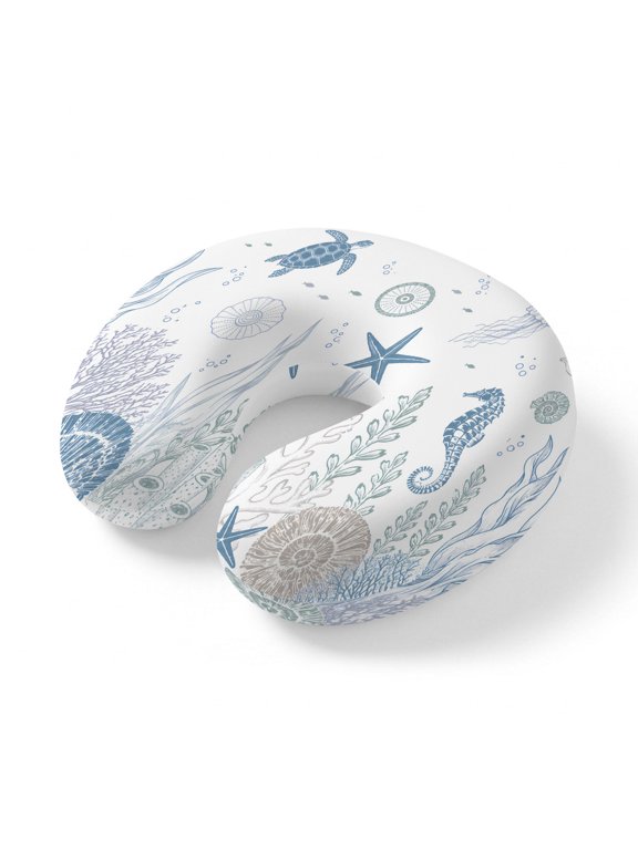Neck Pillow for Travel,Blue Sea Turtle Starfish Cora Shell Memory Foam U Shaped Pillows,Portable Headrest Underwater World Neck Head Support Cushion for Home Office Car Airplane Sleeping