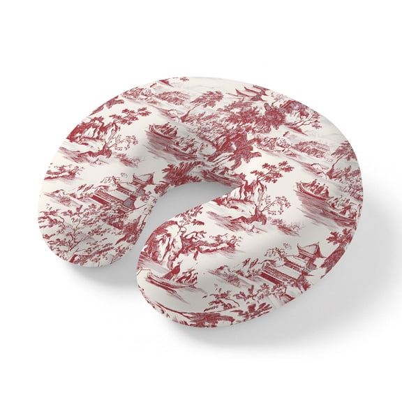 Neck Pillow for Travel,Chinoiserie Garden Asian Scenic Memory Foam U Shaped Pillows,Portable Headrest Pavilion Hill Boat Tree Red Neck Head Support Cushion for Home Office Car Airplane Sleeping