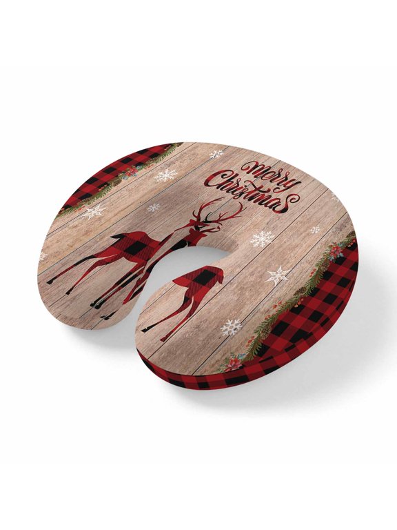 Neck Pillow for Travel,Christmas Elk Shadow Red Plaid Memory Foam U Shaped Pillows,Portable Headrest Winter Snowflake Berry Flower Neck Head Support Cushion for Home Office Car Airplane Sleeping