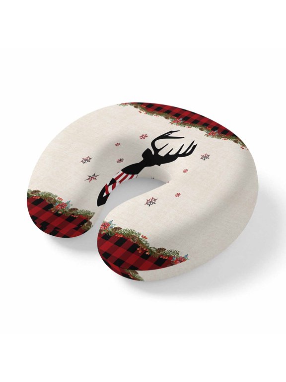 Neck Pillow for Travel,Christmas Elk Shadow Red Plaid Memory Foam U Shaped Pillows,Portable Headrest Winter Snowflake Berry Flower Neck Head Support Cushion for Home Office Car Airplane Sleeping