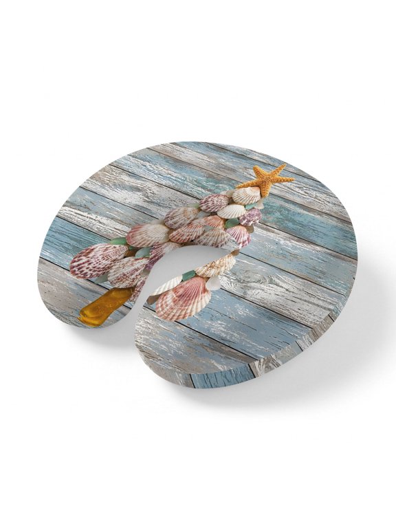 Neck Pillow for Travel,Christmas Ocean Shell Starfish Tree Memory Foam U Shaped Pillows,Portable Headrest Marine Theme Retro Wood Board Neck Head Support Cushion for Home Office Car Airplane Sleeping
