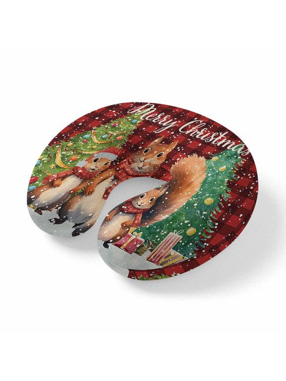 Neck Pillow for Travel,Christmas Squirrel Pine Tree Bell Memory Foam U Shaped Pillows,Portable Headrest Snowflake Red Buffalo Plaid Neck Head Support Cushion for Home Office Car Airplane Sleeping