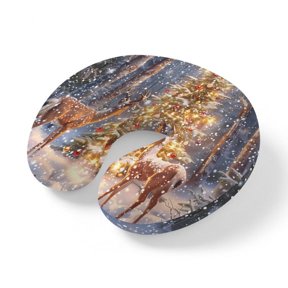 Neck Pillow for Travel,Christmas Tree Deer Snowing Forest Memory Foam U Shaped Pillows,Portable Headrest Xmas Bokeh Snowflakes Neck Head Support Cushion for Home Office Car Airplane Sleeping